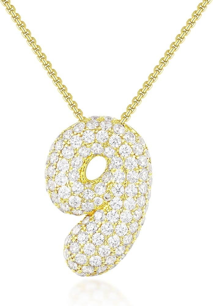 KissYan Bubble Number Necklace, 14K Gold Plated Cubic Zirconia 0-9 Charms Pendant Box Chain Neckl... | Amazon (US)