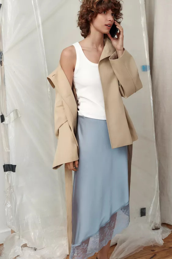 SATIN EFFECT MIDI SKIRT WITH ASYMMETRIC HEM AND LACE | Zara US