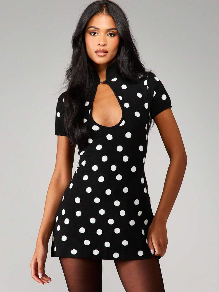 MISSGUIDED Retro Polka Dot Knit Mini Dress High Neck Keyhole Cut Out Short Sleeve Form Fitting Jacquard Pattern Fall Winter Party Cocktail Sweater Dress | SHEIN