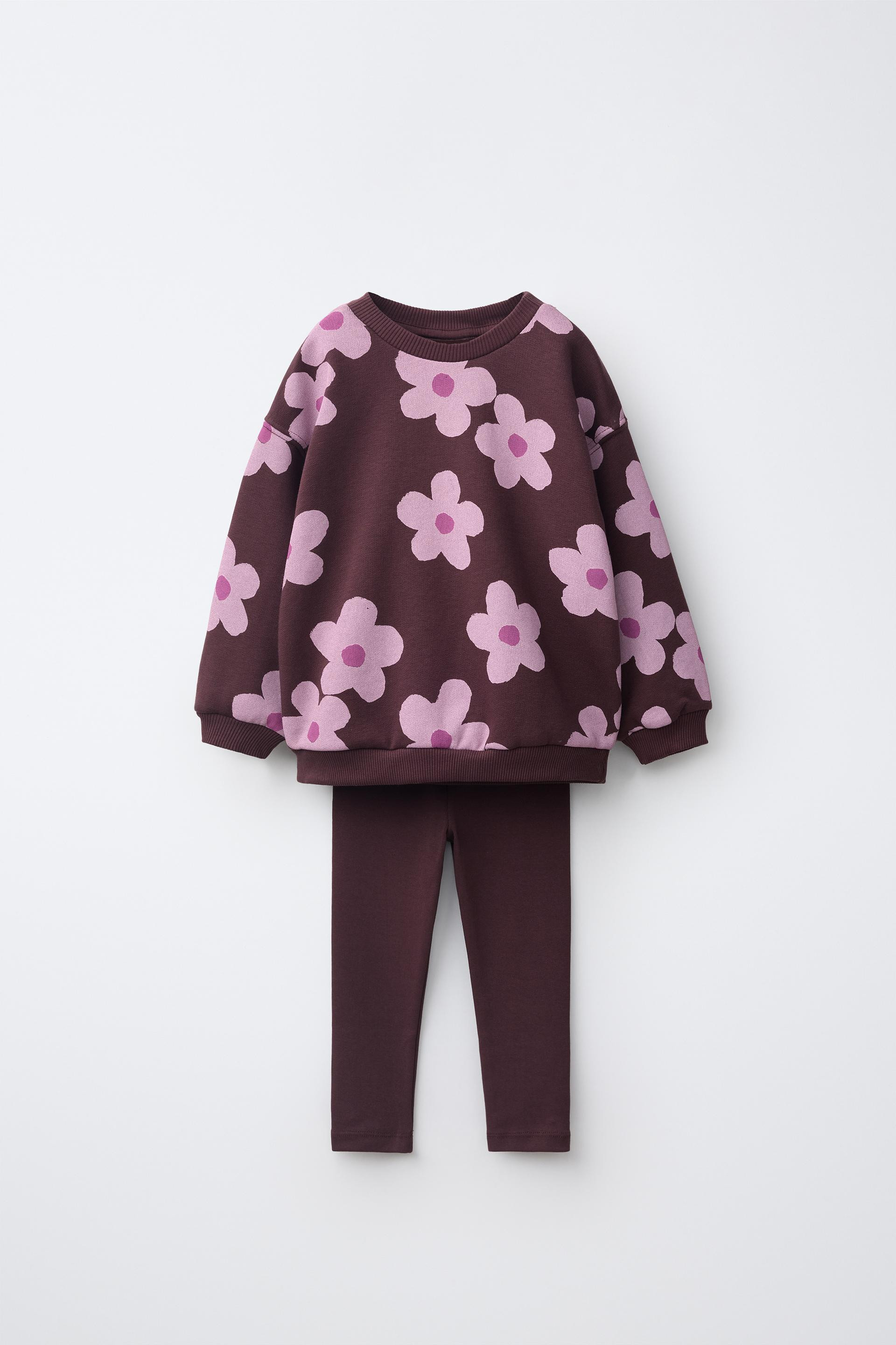 Zara - Floral Print Sweatshirt And Ribbed Leggings Set - Burgundy - 5 Years (43,3 Inches) - Kids | Zara US