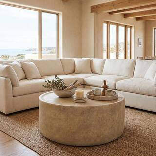 Modern Patio 31.5 in. Beige Round Drum MGO Stone Indoor and Outdoor Coffee Table | The Home Depot