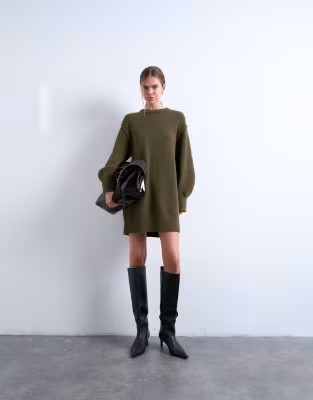 Topshop fluffy knit crew neck mini dress in khaki green | ASOS (Global)