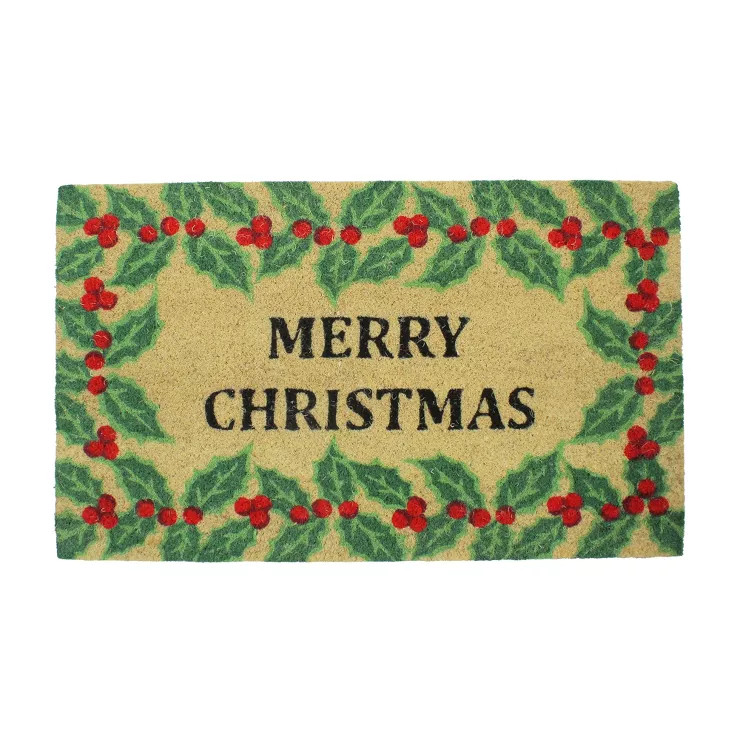 Northlight Natural Coir Holly Berries "Merry Christmas"  Doormat 18" x 30" | Target