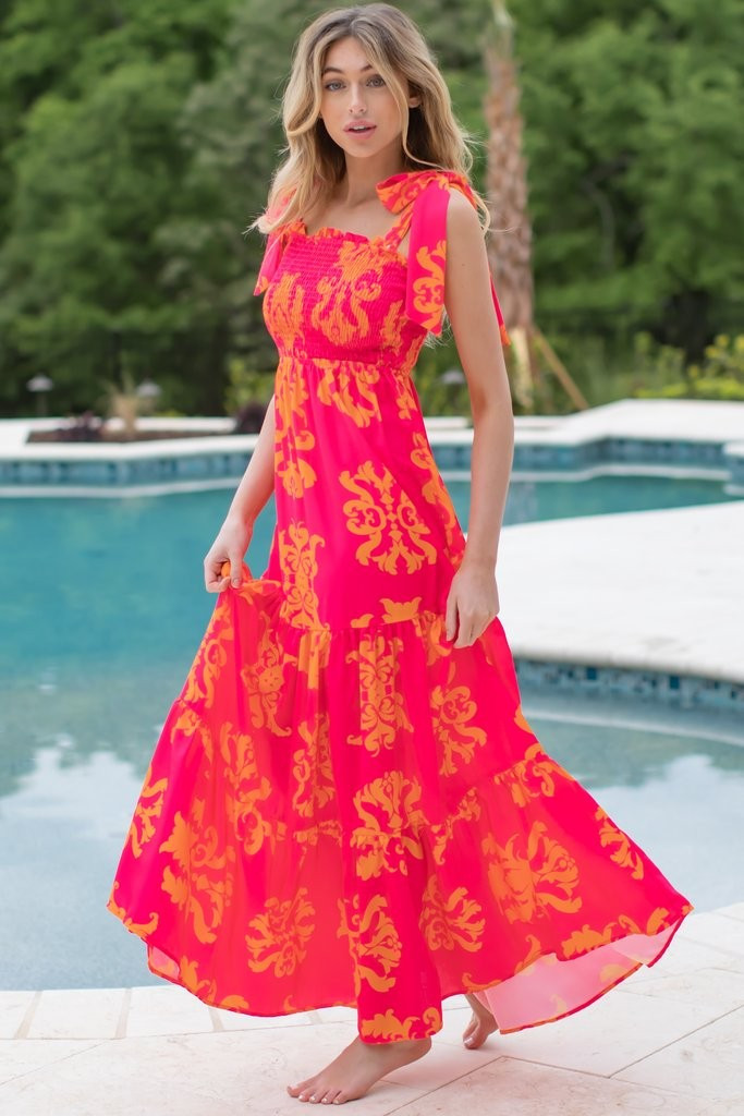 Chapter One Fuchsia Pink Print Maxi Dress | Red Dress 