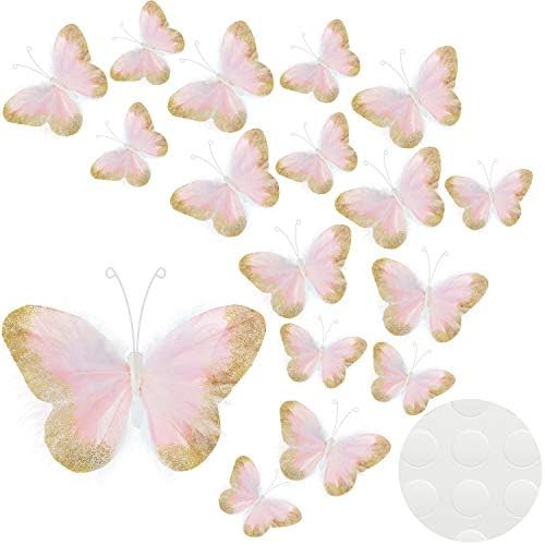 16 Pieces Feather 3D Butterfly Wall Decals Gold Glitter Butterfly Decor Stickers for Room Home Nu... | Amazon (US)