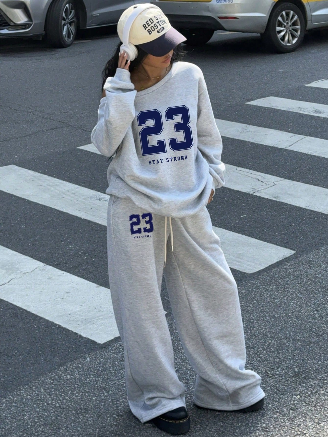 SHEIN EZwear 2pcs Women's 23 Number Graphic Wide Neck Off Shoulder Loose Sweatshirt And Wide-Leg ... | SHEIN