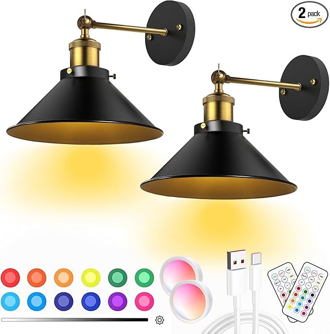 LUMIMAN Black Battery Operated Wall Sconce, Industrial Wireless Rechargeable Wall Light Set of 2,... | Amazon (US)