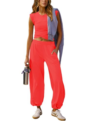 Outfeel Women 2 Piece Outfit Set Loungewear Cropped Tops and Jogger Sweatpant Matching Set Coordinated Sweatsuit with Pockets Red X-Large | Amazon (US)
