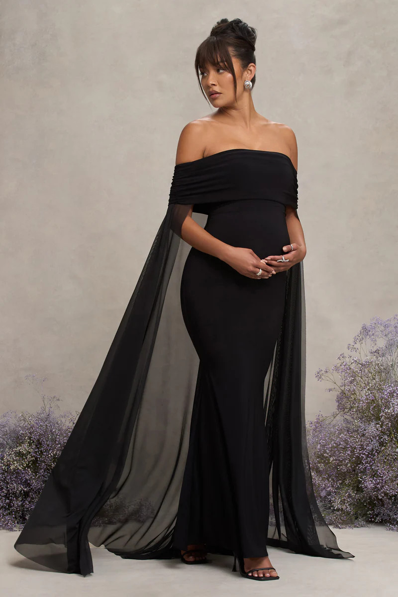 Carlotta  Black Bardot Maternity Maxi Dress With Chiffon Cape | Club L London
