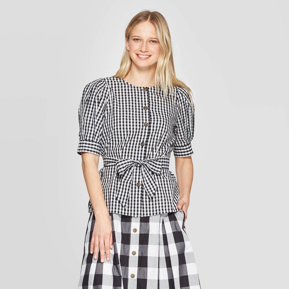 Women's Gingham Short Sleeve Crewneck Button Front Tie Waist Top - Who What Wear Black/White XS | Target