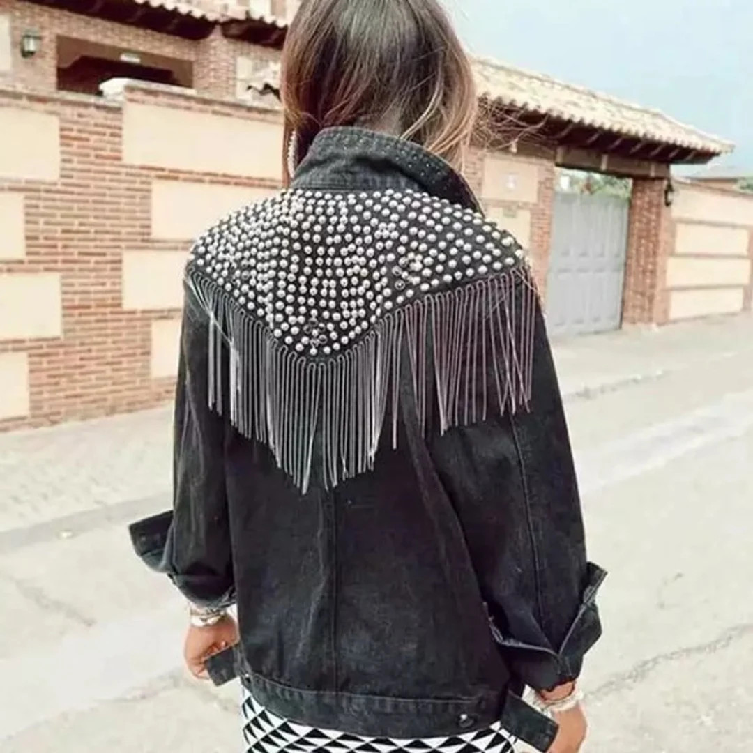 Black Oversized Studded Boho Rivet Chain Tassel Fringe Denim Jean Jacket Women's | Etsy (US)
