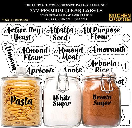 Pantry Labels: 377 Bold Cursive Gloss Clear Preprinted Water Resistant Complete Label Set to Organiz | Amazon (US)