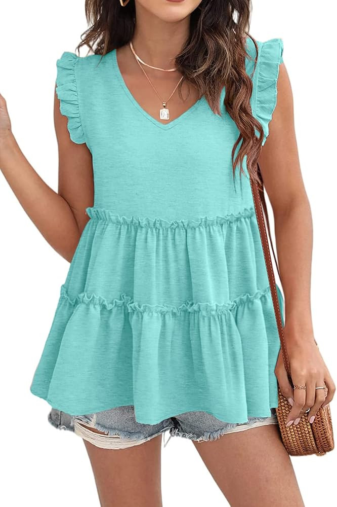 Womens Babydoll Tank Tops V Neck Ruffle Sleeve Pleated Peplum Shirts Summer | Amazon (US)
