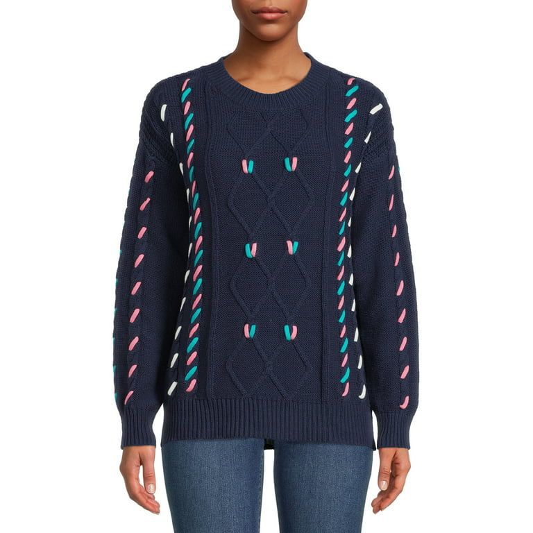 Time and Tru Women's Long Sleeve Crewneck Embroidery Sweater | Walmart (US)