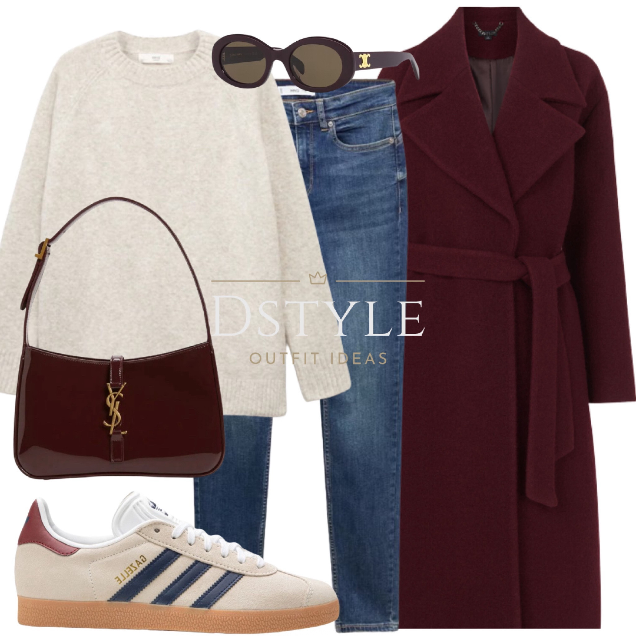 Neutral hues, bold style: A cozy light beige mole sweater paired with push-up skinny jeans, a chic burgundy wrap wool coat, and the perfect accessories – a matching bag and Adidas Gazelle. Elevate your winter wardrobe! #WinterStyle #FashionEssentials

#LTKfindsunder50 #LTKstyletip #LTKshoecrush