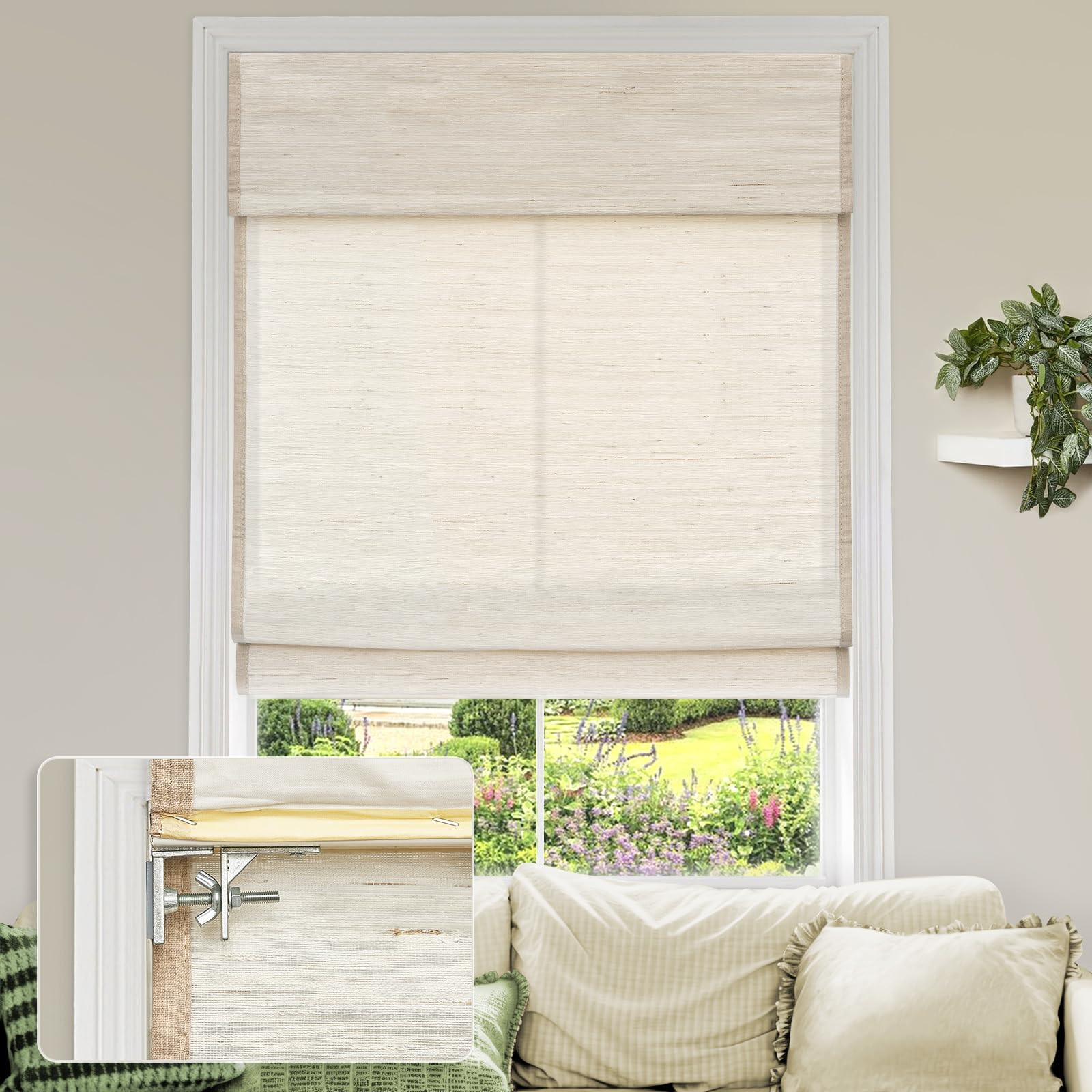 MiLin No Tools No Drill Cordless Roman Shades Privacy Linen Blackout Roman Window Natural Linen Fabric Blinds for Windows Treatment Bedroom Kitchen Living Room (River Oaks, 35 1/2" W x 60" H) | Amazon (US)