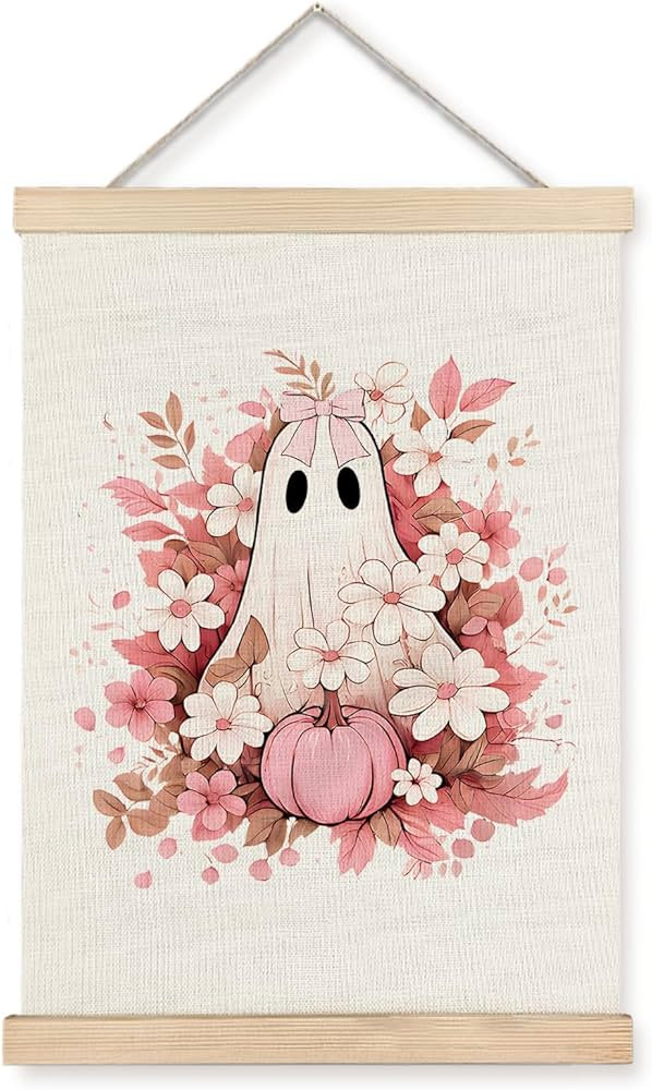 Supwhd Fall Floral Halloween Ghost Wall Art with Wooden Poster Hanger, Pink Bow Ghost Coquette Wa... | Amazon (US)