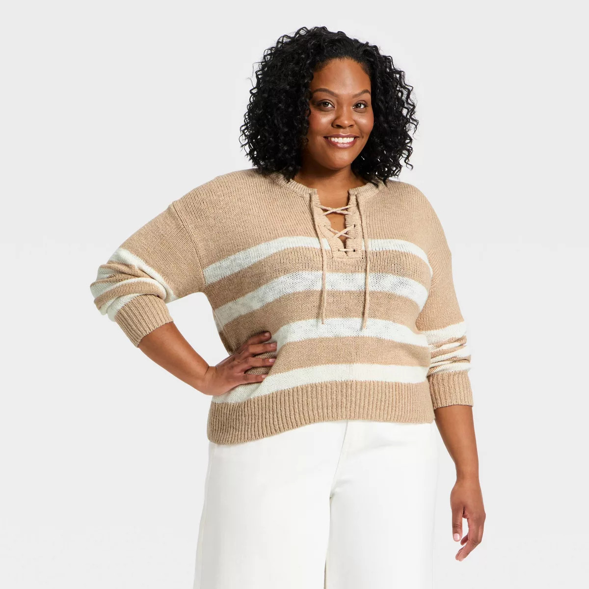 Women's Lace Up Crewneck Pullover Sweater - Universal Thread™ Oatmeal Striped XXL | Target