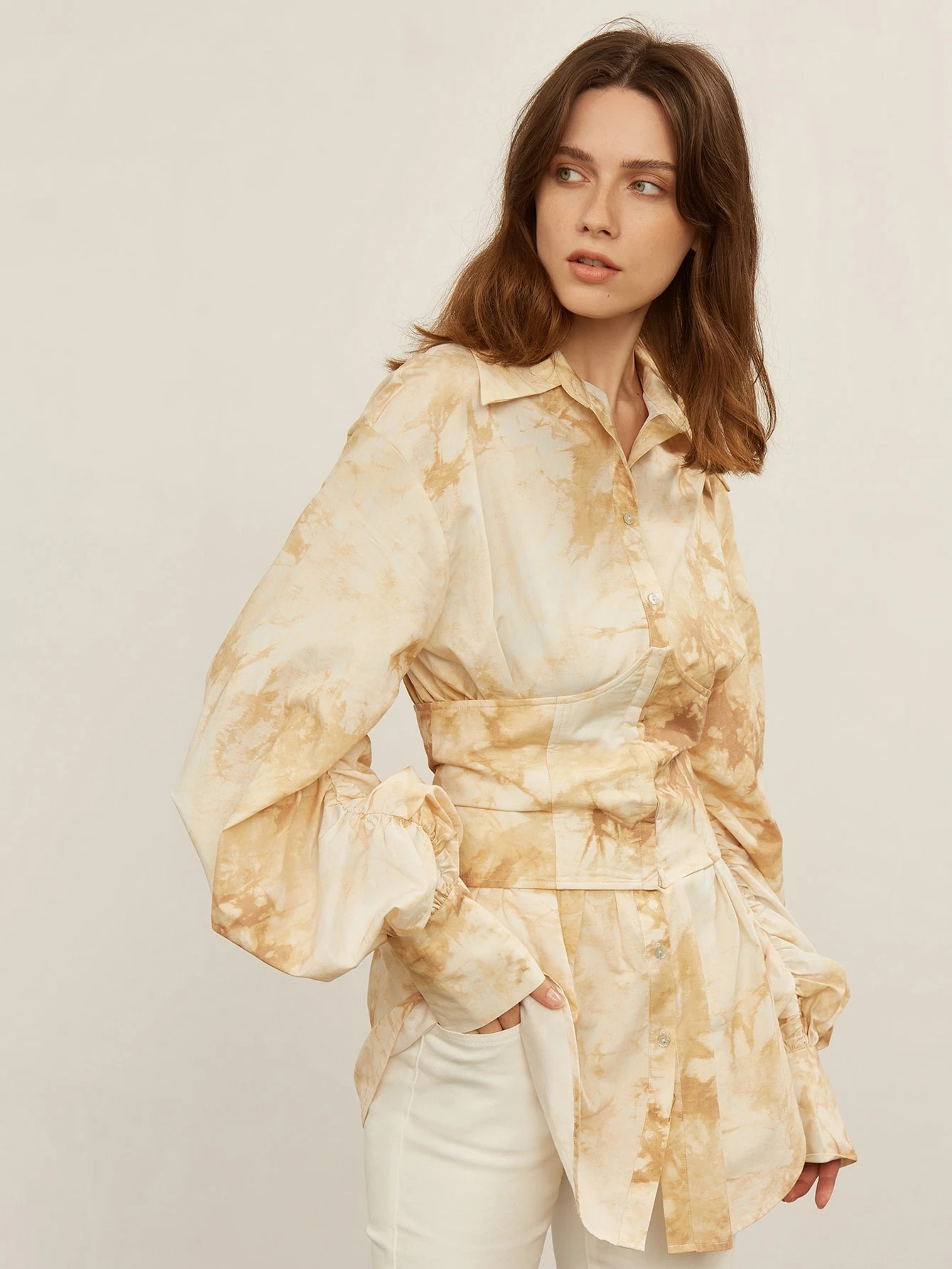 MOTF PREMIUM 100% COTTON VOLUMINOUS SLEEVE CORSET BLOUSE | SHEIN