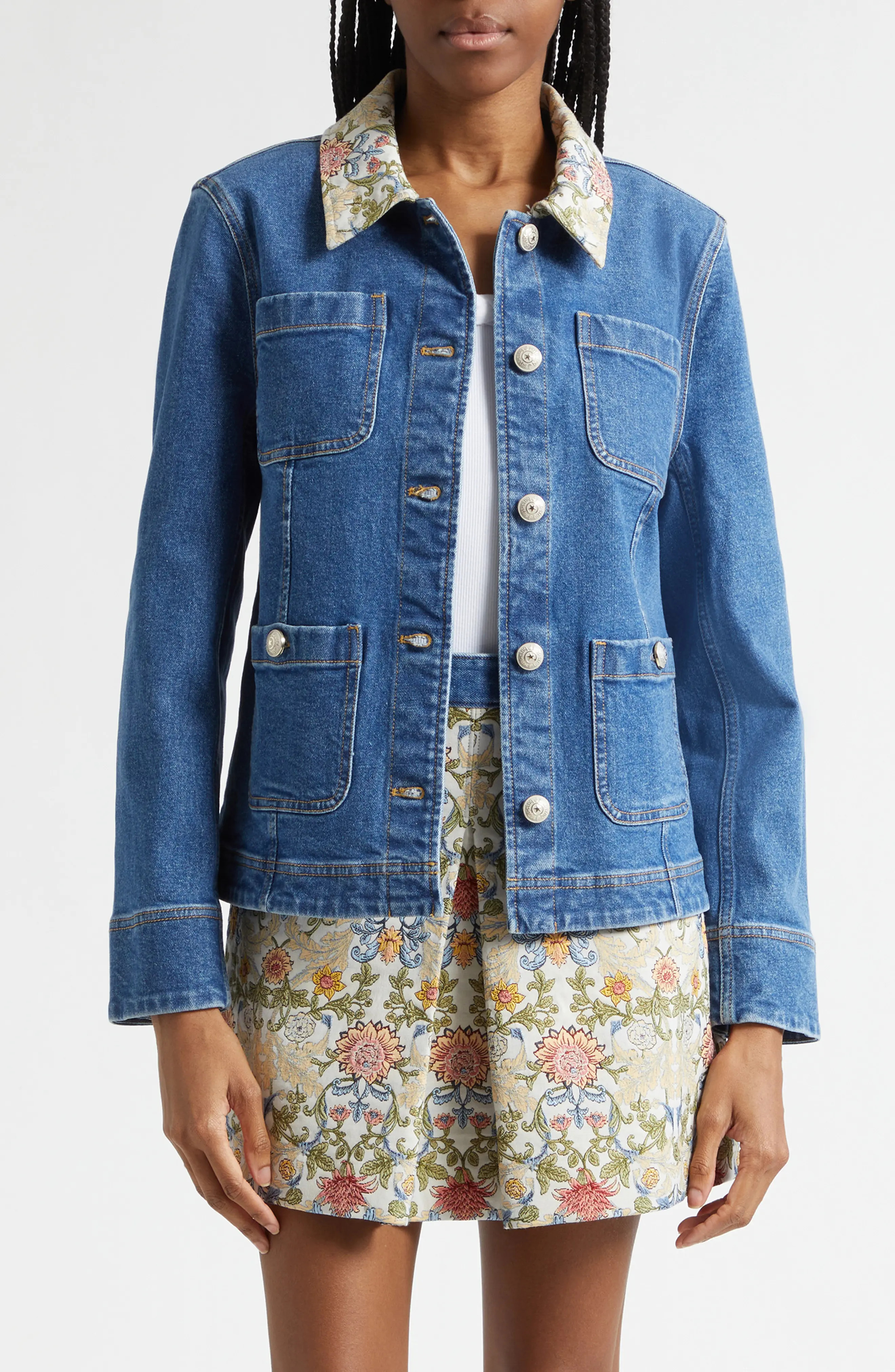 Cinq à Sept Dalton Floral Collar Stretch Denim Jacket in Saphir Multi at Nordstrom, Size X-Small | Nordstrom