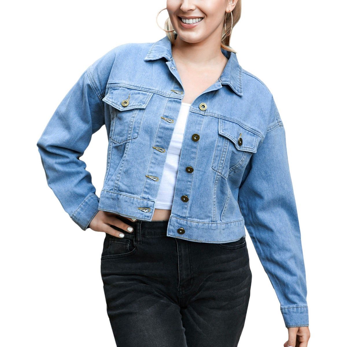 Anna-Kaci Women's Cropped Button Down Denim Jean Jacket with Pockets | Target