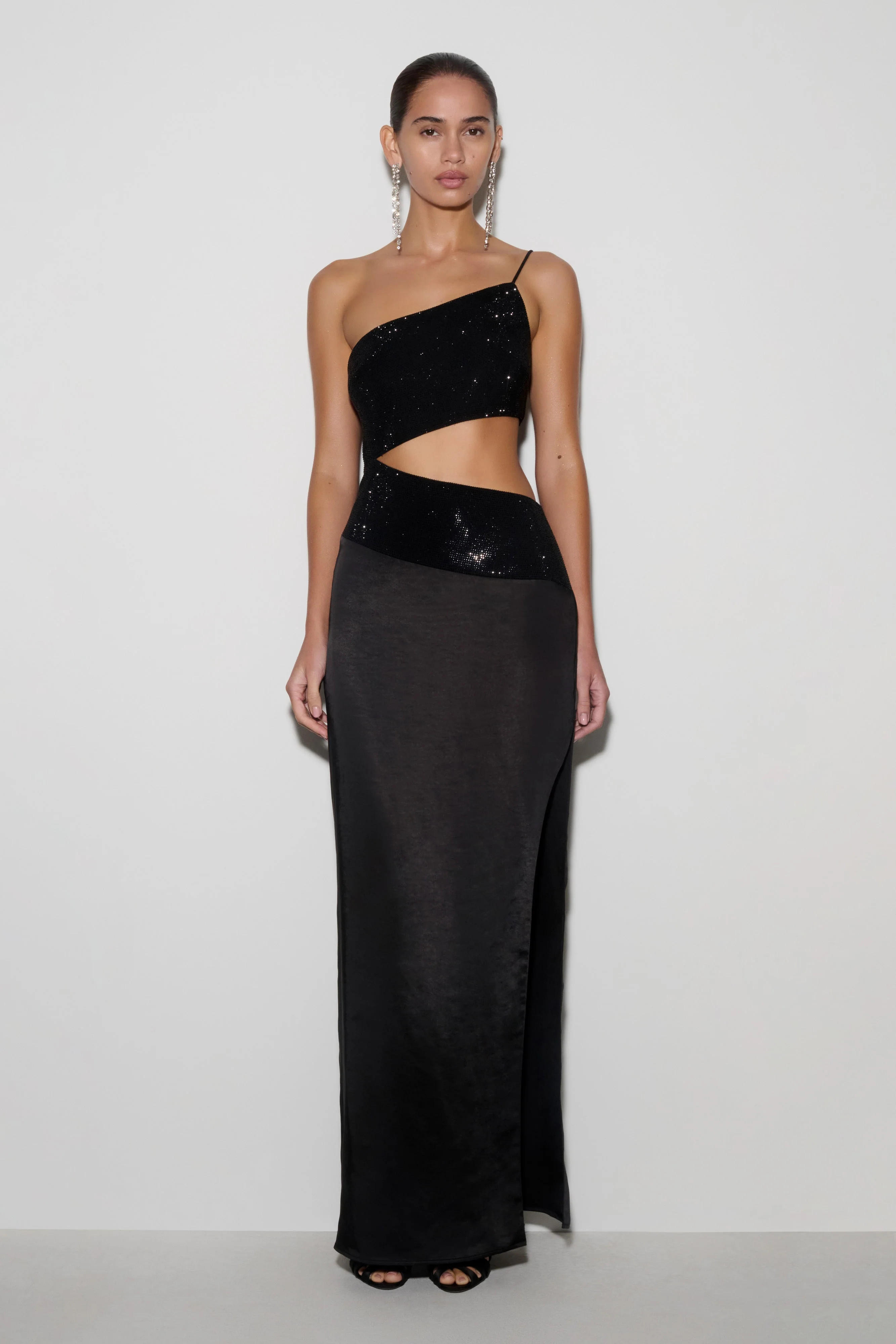 Athena One Shoulder Diamante Maxi Dress - Black | MESHKI US