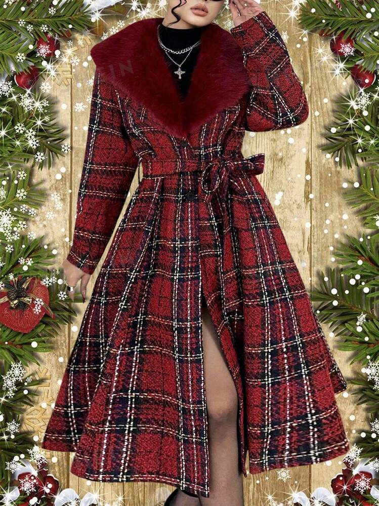 SHEIN MOD Plus Size Autumn/Winter Fashion Button Flap Collar Plaid Overcoat | SHEIN
