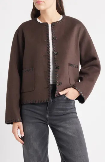 Rails Melanie Leather Whipstitch Wool Blend Jacket in Dark Brown at Nordstrom Rack, Size X-Large | Nordstrom Rack
