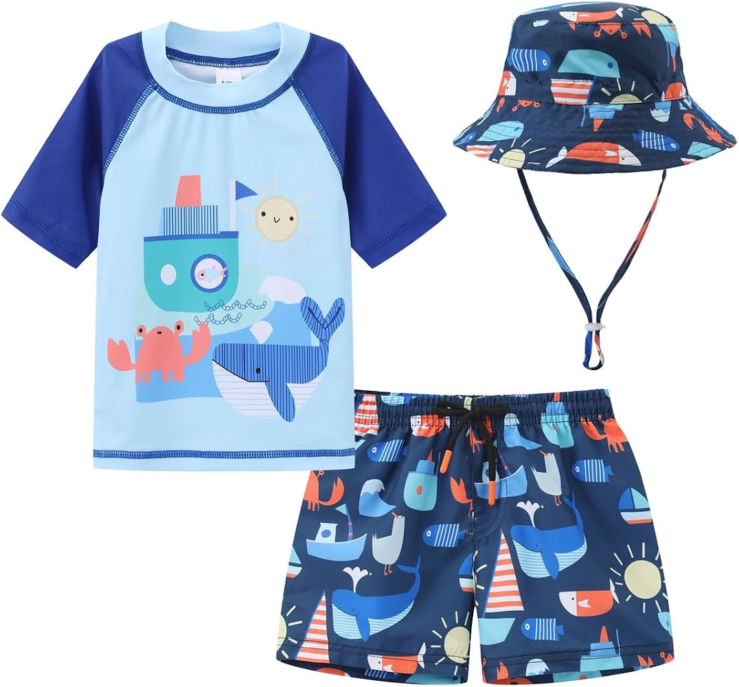 Toddlers and Baby Boys' 3-Piece Swimsuit Trunk Rashguard Set and Sun Hat Swimwear Bathing Suit Su... | Amazon (US)