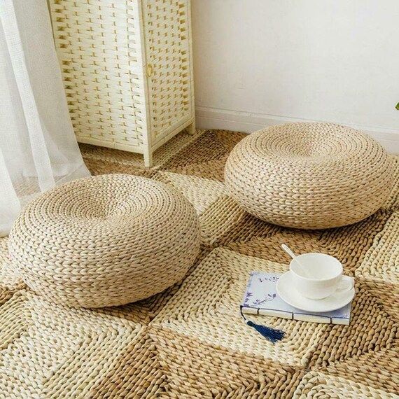 Natural Straw Round Pouf Tatami Cushion Floor Cushions | Etsy | Etsy (US)