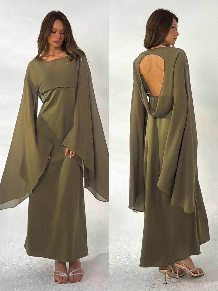 Aloruh Women's Glamorous Elegant Olive Green Autumn Party Night Chiffon Batwing Sleeve Satin Bias... | SHEIN