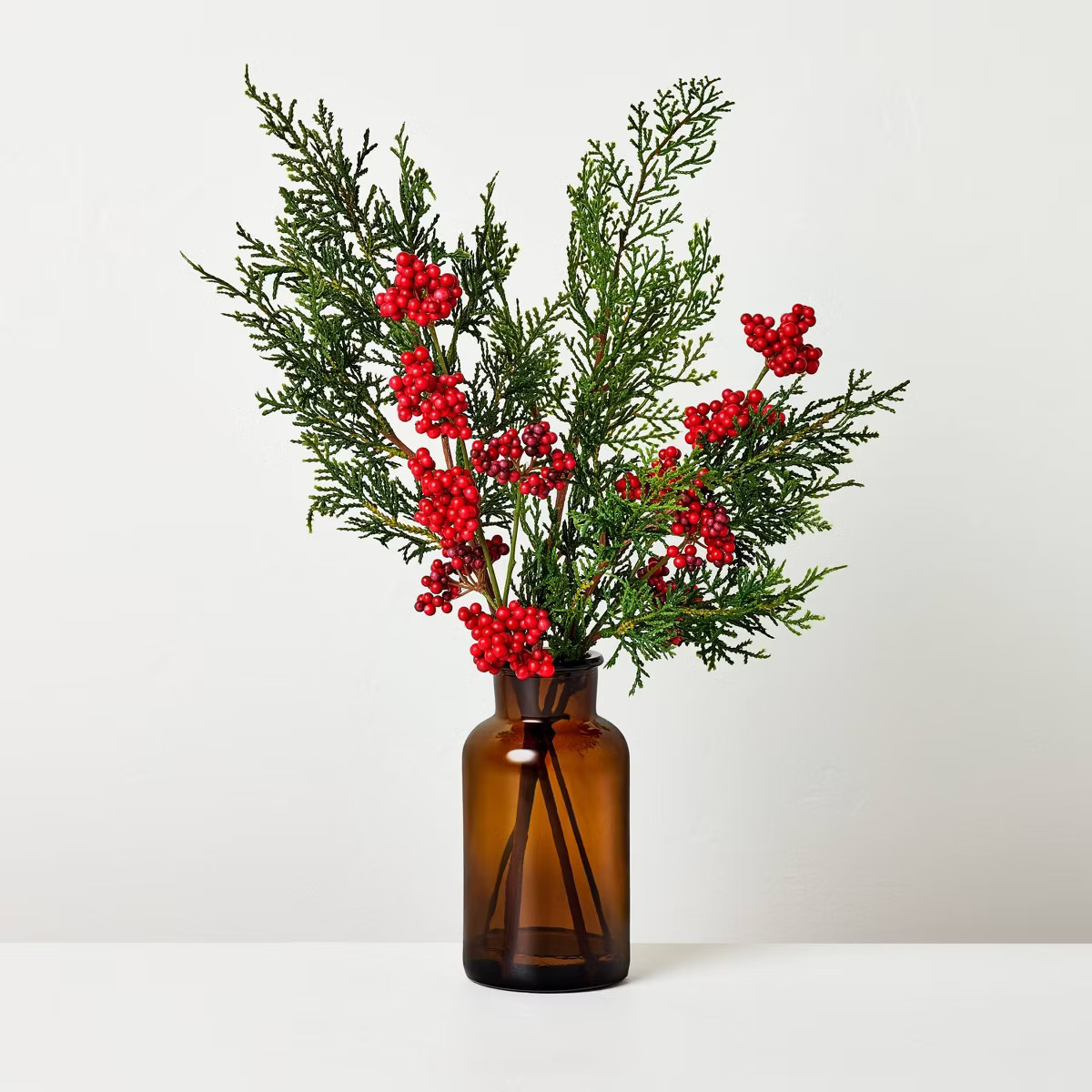 15" Medium Cypress and Red Berry in Amber Vase Artificial Arrangement - Hearth & Hand™ with Mag... | Target