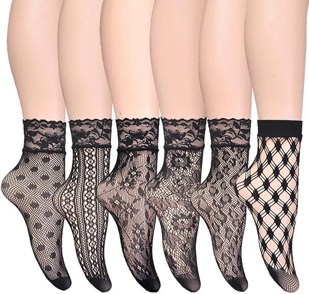 Glamorstar 6 Pairs Lace Fishnet Ankle Socks Dress Socks for Women | Amazon (US)