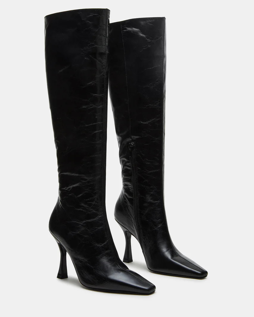 FAYE Black Leather Knee-High Heeled Boot | Women's Boots | Steve Madden (US)