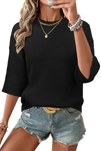 Arach&Cloz Womens 100% Cotton 3/4 Length Sleeve Sweater Crochet Tops Shirts Casual Blouses Resort... | Amazon (US)
