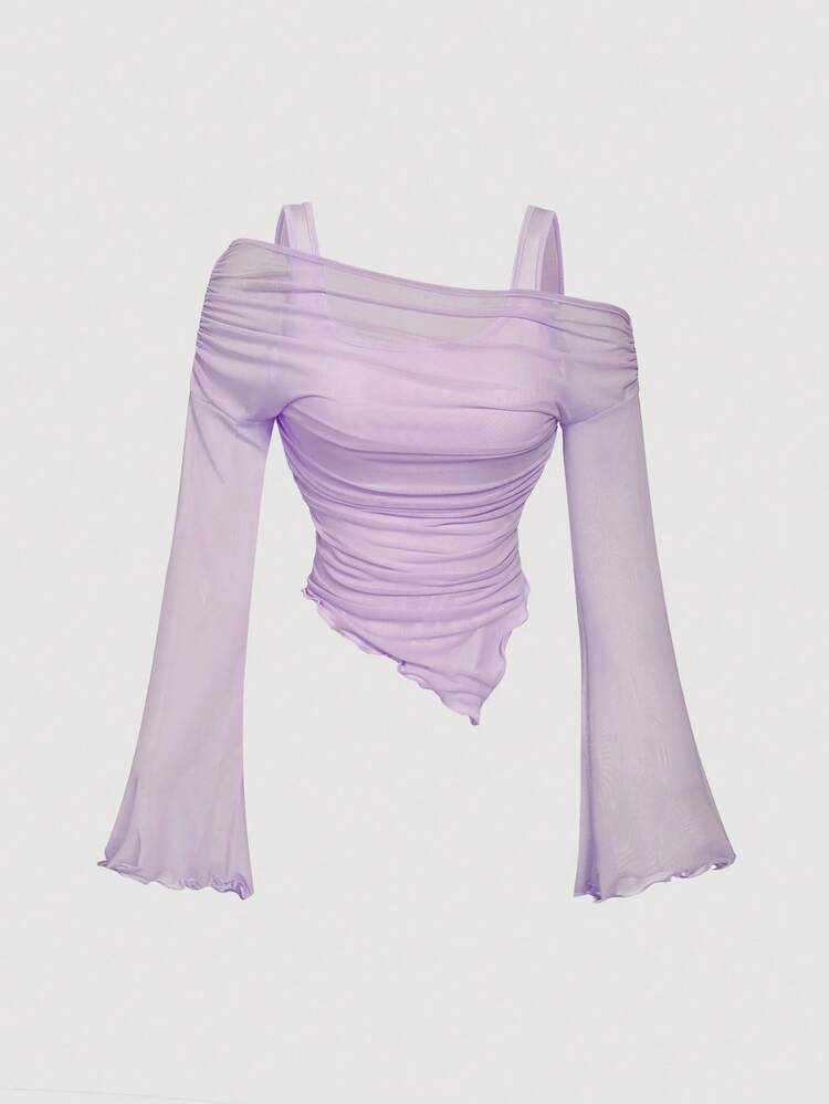 SHEIN MOD Women's Lilac Asymmetric Hem Flared Sleeve T-Shirt,Purple Top,Asymmetrical Tops | SHEIN