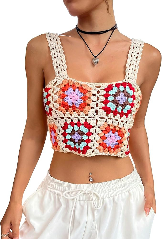 Verdusa Women's Floral Hollow Out Crochet Knitted Crop Tank Top | Amazon (US)