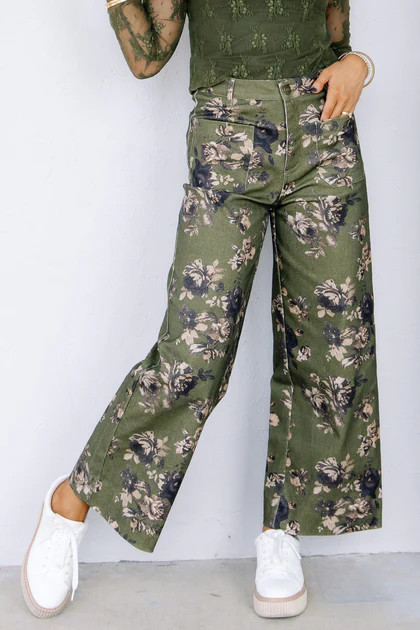 Come Over Olive Floral Print Wide Leg Pant | The Willow Tree