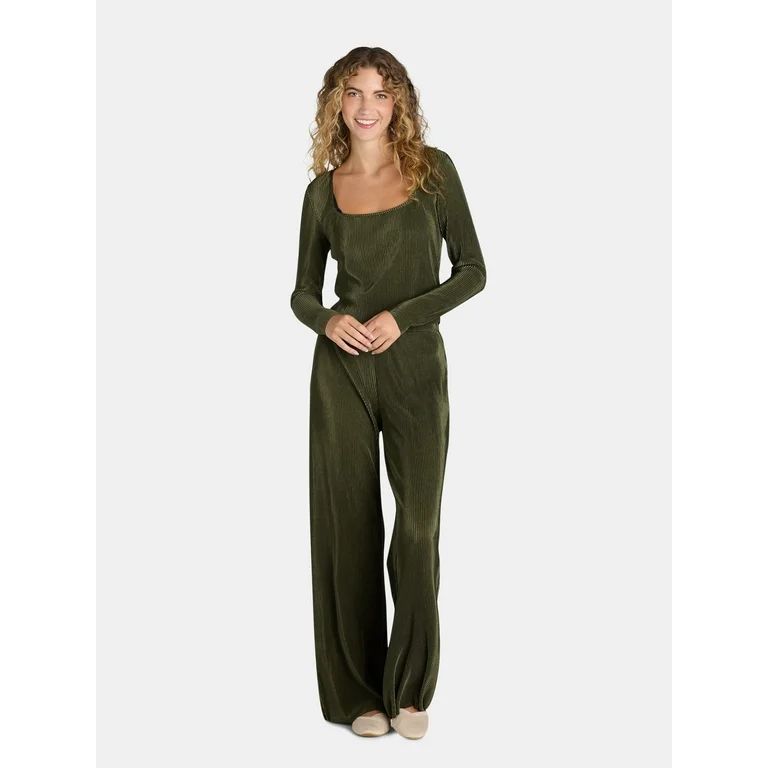 No Boundaries Pleated Square Neck Top and Pants Set, 2 Piece, Women's and Women's Plus | Walmart (US)