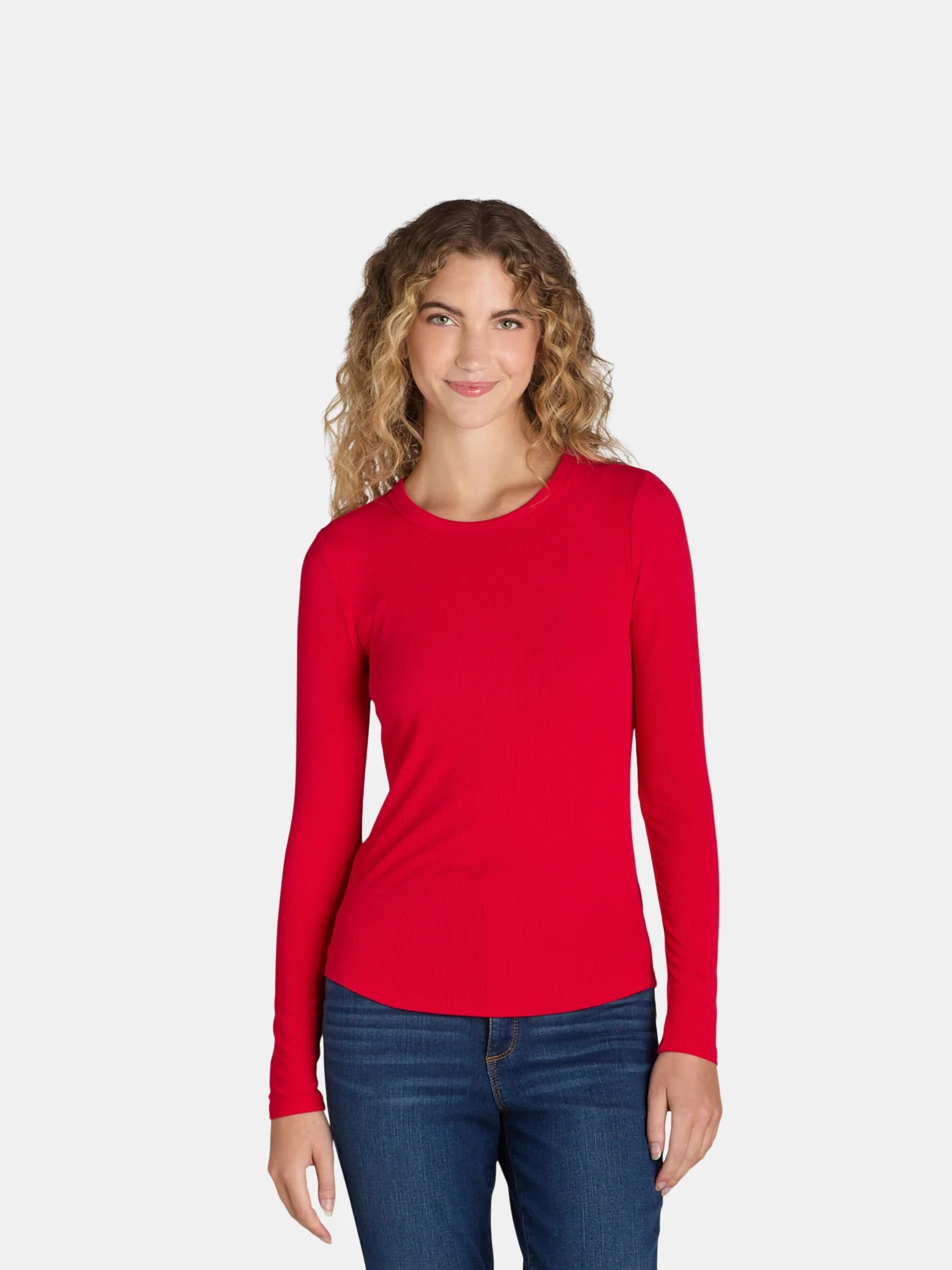 No Boundaries Ribbed Crewneck Tee with Long Sleeves, Women's and Women's Plus | Walmart (US)