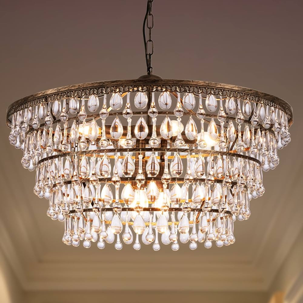 Wellmet Crystal Chandelier Farmhouse 5 Tiers Crystal Light Fixtures Hanging Modern Bronze Ceiling... | Amazon (US)