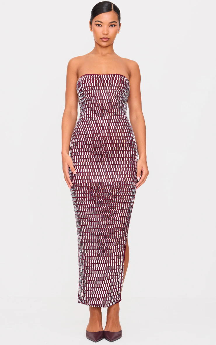 Burgundy Hot Fix Bandeau Maxi Dress | PrettyLittleThing UK