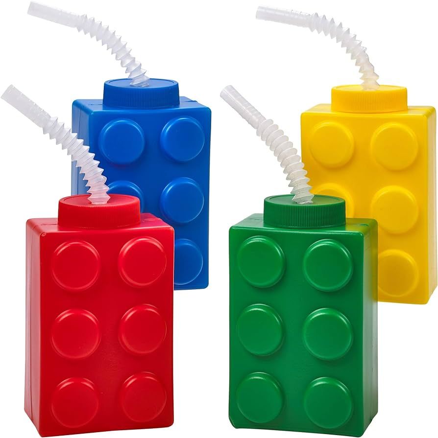 Building Blocks Cups with Straw & Lid - (Pack of 4) Reusable Brick Party Kids Cup for Block Birth... | Amazon (US)