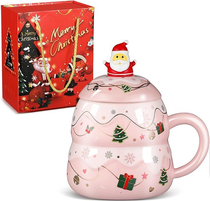 Sliner Christmas Mugs Santa tree Mugs with Spoon and Lid Festive Ceramic Mugs Microwave Dishwashe... | Amazon (US)