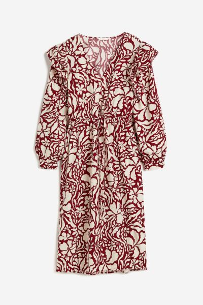 Ruffle-trimmed Cotton Dress - Dark red/floral - Ladies | H&M US | H&M (US + CA)