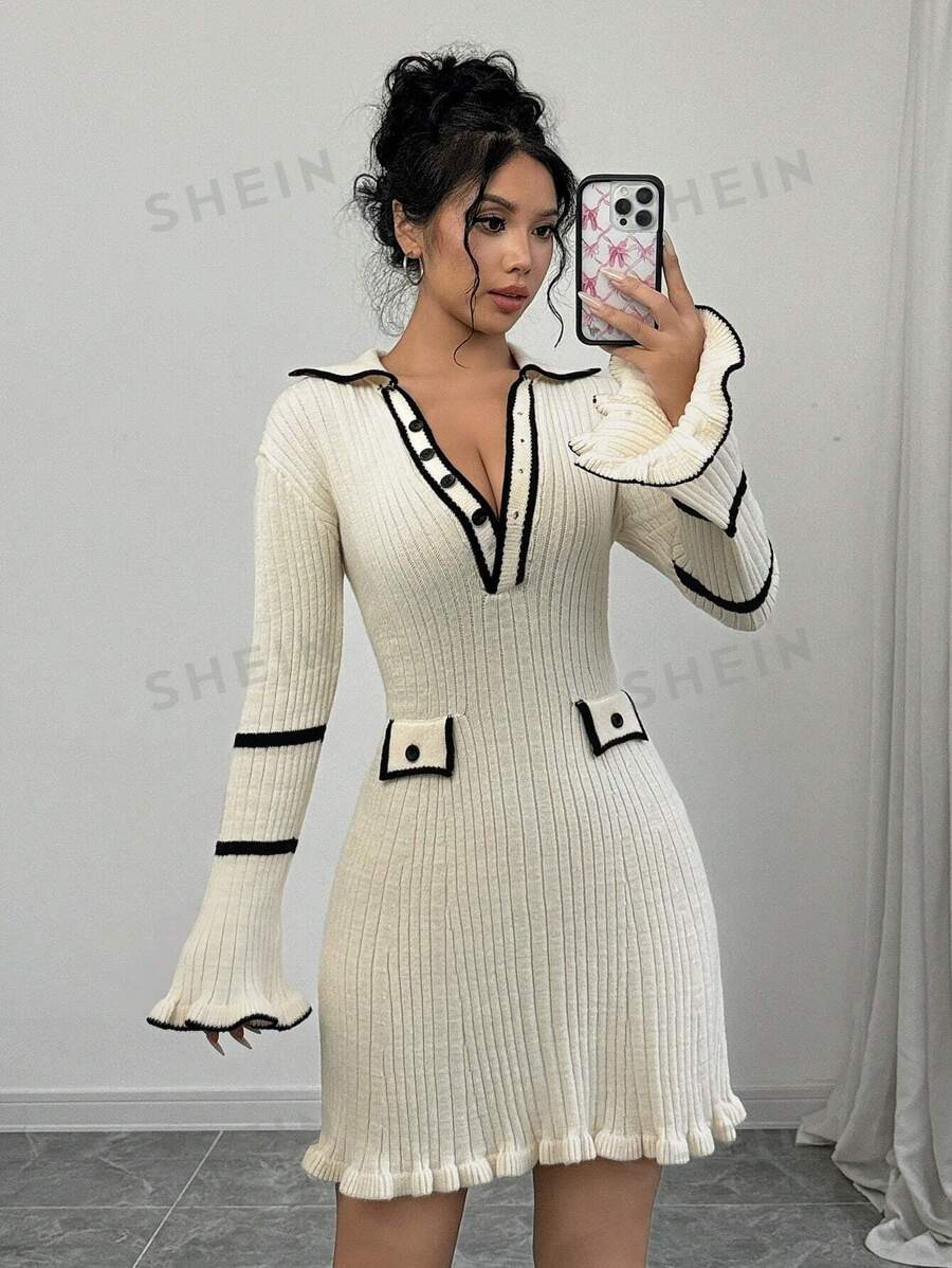 SHEIN Raffinéa Colorblock Elegant Long Sleeve Knit Sweater Dress | SHEIN