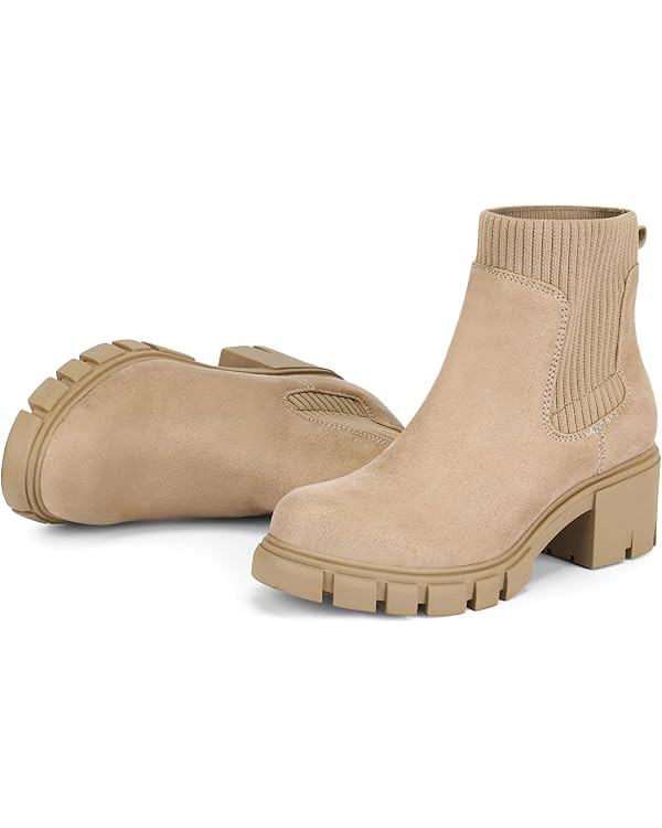FITORY Womens Chelsea Boots, Elastic Ankle Booties with Chunky Mid Heel and Lug Sole, Comfy Trend... | Amazon (US)