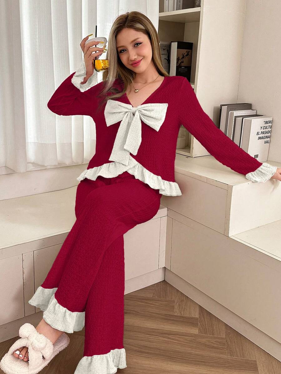 SHEIN Dream Adore Colorblock Bowknot Decor Jacquard Women Pajama Set | SHEIN