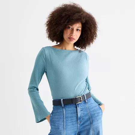 a.n.a Womens Boat Neck Long Sleeve T-Shirt, Medium, Blue | JCPenney