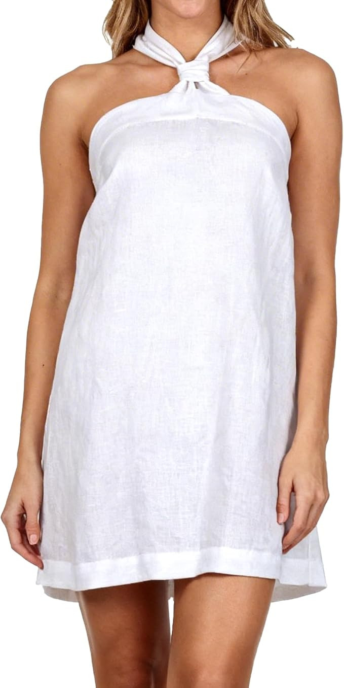 Amazhiyu Womens 100% Linen Halter Tie Neck Mini Dress | Backless Short Dresses, Sleeveless, Self-... | Amazon (US)
